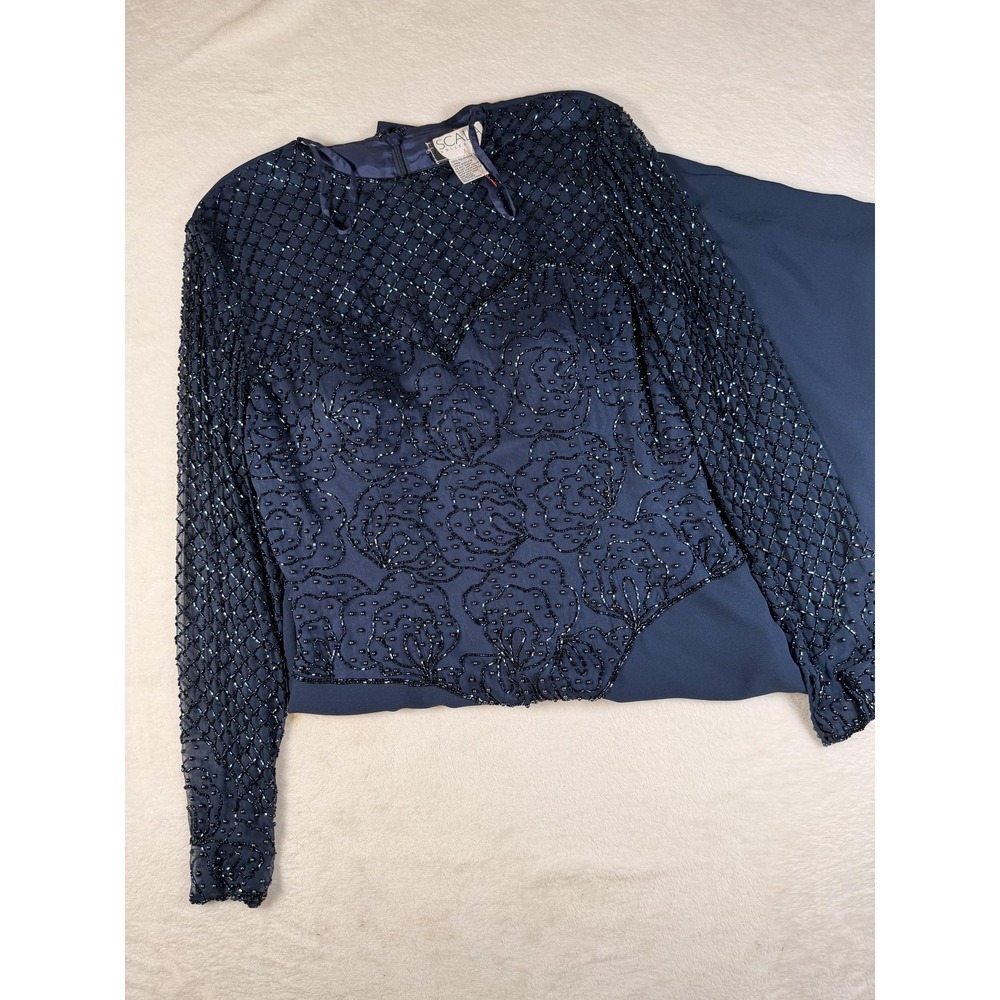 Scala Dress Womens 14 Blue Beaded Floral Mesh Sheath Long Sleeve Formal Cocktail